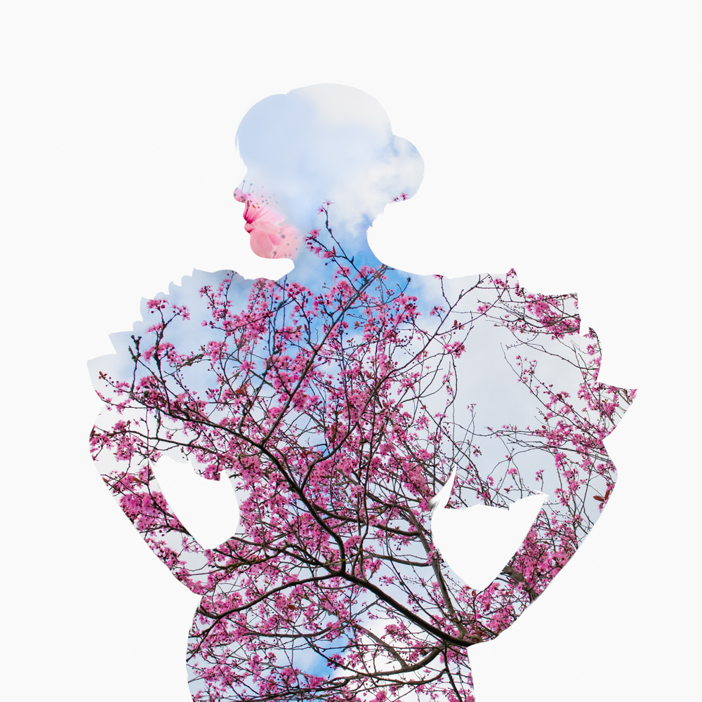 spring blooms woman silhouette double exposure photography