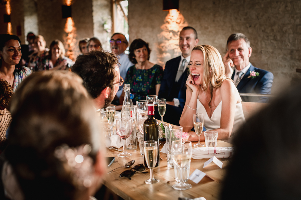 bride laughing wedding speeches old gore barn
